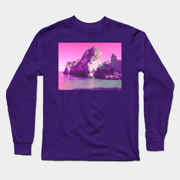 Magenta rocky Portuguese beach - fantasy edit of nature photography Long Sleeve T-Shirt by F-for-Fab